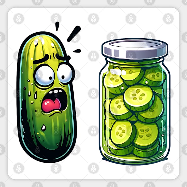 Horrified Cucumber Sees Jar of Sliced Pickles funny design Magnet by Luxinda